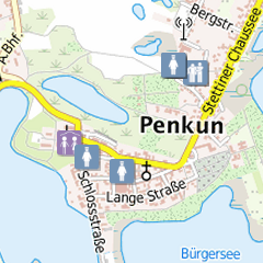Ausschnitt der Übersichtskarte Pflege und Soziales im Bereich der Stadt Penkun. Im Hintergrund die Topografische Karte in Farbe. Jugendtreffpunkte, Beratungsstellen und Pflegeeinrichtungen sind als Symbole dargestellt.
