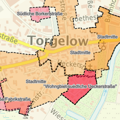 Ausschnitt der Übersichtskarte Planen und Bauen im Bereich der Stadt Torgelow. Im Hintergrund die Topografische Karte in Farbe. Geltungsbereiche von Bebauungsplänen sind orange oder rot hervorgehoben.