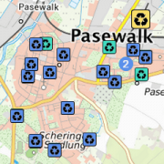 Ausschnitt derÜbersichtskarte Ver- und Entsorgung im Bereich der Stadt Pasewalk. Im Hintergrund die Topografische Karte in Farbe. Standorte von Entsorgungscontainern und Wertstoffhöfen sind als Symbole dargestellt.