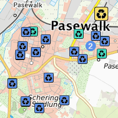 Ausschnitt derÜbersichtskarte Ver- und Entsorgung im Bereich der Stadt Pasewalk. Im Hintergrund die Topografische Karte in Farbe. Standorte von Entsorgungscontainern und Wertstoffhöfen sind als Symbole dargestellt.