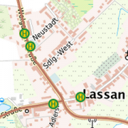 Ausschnitt der Übersichtskarte Straße und Verkehr im Bereich der Stadt Lassan. Im Hintergrund die Topografische Karte in Farbe. Die Kreisstraßen sind braun hervorgehoben. Die Haltestellen des ÖPNV sind als Symbole dargestellt.