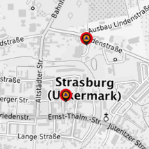 Ausschnitt der Übersichtskarte Krisenvorsorge im Bereich der Stadt Straburg. Im Hintergrund die Topographische Karte in Grau. Die Standorte der Katastrophenschutz-Leuchttürme sind im Kartebild dargestellt.